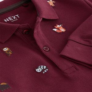 Burgundy Red Long Sleeve Quarter Zip 100% Cotton All-Over Embroidered Polo Shirt (3mths-6yrs)