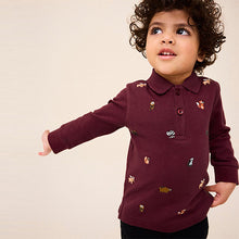 Load image into Gallery viewer, Burgundy Red Long Sleeve Quarter Zip 100% Cotton All-Over Embroidered Polo Shirt (3mths-6yrs)
