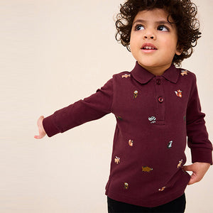 Burgundy Red Long Sleeve Quarter Zip 100% Cotton All-Over Embroidered Polo Shirt (3mths-6yrs)