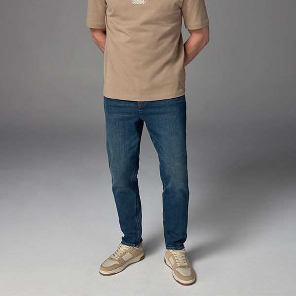 Blue Mid Regular Tapered Fit Vintage Wash Denim Jeans