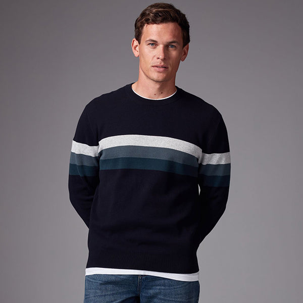 Navy Blue 100% Cotton Horizontal Stripe Crew Jumper