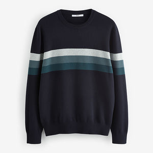 Navy Blue 100% Cotton Horizontal Stripe Crew Jumper