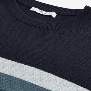 Navy Blue 100% Cotton Horizontal Stripe Crew Jumper