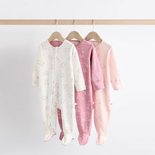 Load image into Gallery viewer, Pink 3 Pack Two Way Zip Baby Sleepsuits

