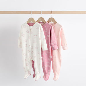 Pink 3 Pack Two Way Zip Baby Sleepsuits
