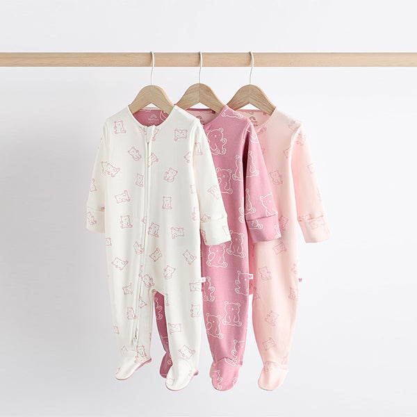 Pink 3 Pack Two Way Zip Baby Sleepsuits