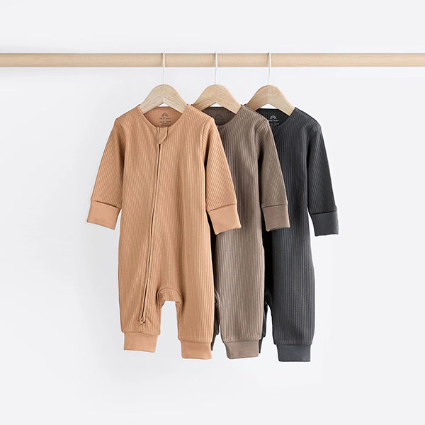 Neutral Tan Brown 100% Cotton Baby Zip Sleepsuits 3 Pack (0-2yrs)