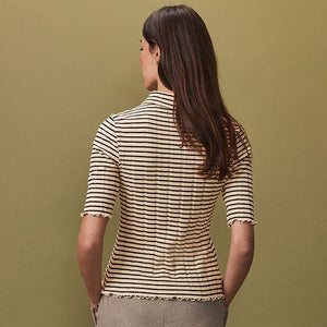 Black/Ecru Ribbed Lettuce Hem Collared Polo Top