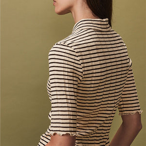 Black/Ecru Ribbed Lettuce Hem Collared Polo Top
