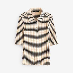 Black/Ecru Ribbed Lettuce Hem Collared Polo Top