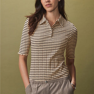 Black/Ecru Ribbed Lettuce Hem Collared Polo Top
