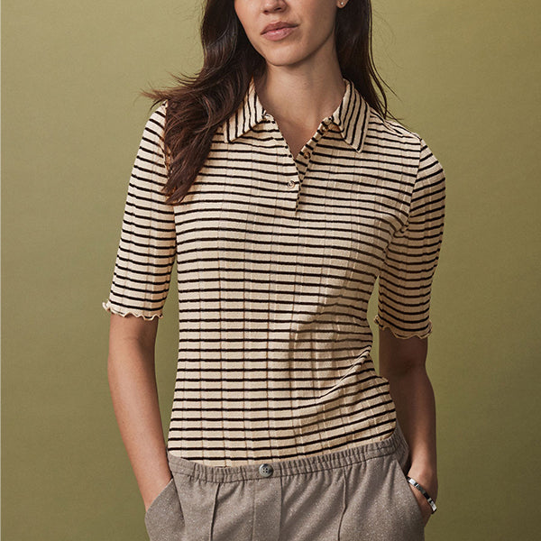 Black/Ecru Ribbed Lettuce Hem Collared Polo Top