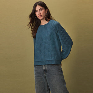 Teal Blue Textured Long Sleeve Top