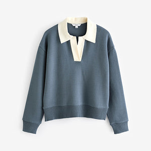 Teal Blue Soft Touch Cosy Collared Button Down Polo Sweatshirt