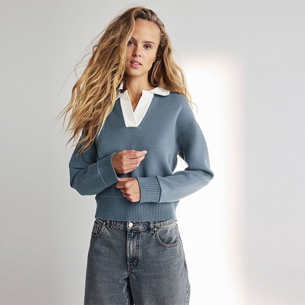 Teal Blue Soft Touch Cosy Collared Button Down Polo Sweatshirt