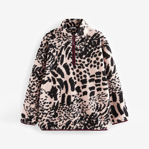 Animal Print Leopard Teddy Borg Cosy Longline Quarter Zip Fleece