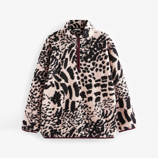 Animal Print Leopard Teddy Borg Cosy Longline Quarter Zip Fleece