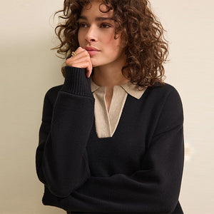 Black Soft Touch Cosy Collared Polo Jumper Dress