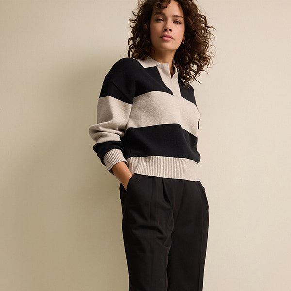 Neutral/Black Stripe Soft Touch Cosy Collared Button Down Polo Sweatshirt