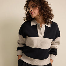 Load image into Gallery viewer, Neutral/Black Stripe Soft Touch Cosy Collared Button Down Polo Sweatshirt
