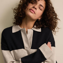 Load image into Gallery viewer, Neutral/Black Stripe Soft Touch Cosy Collared Button Down Polo Sweatshirt
