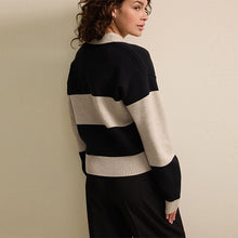 Load image into Gallery viewer, Neutral/Black Stripe Soft Touch Cosy Collared Button Down Polo Sweatshirt
