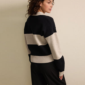 Neutral/Black Stripe Soft Touch Cosy Collared Button Down Polo Sweatshirt