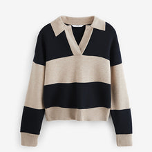 Load image into Gallery viewer, Neutral/Black Stripe Soft Touch Cosy Collared Button Down Polo Sweatshirt
