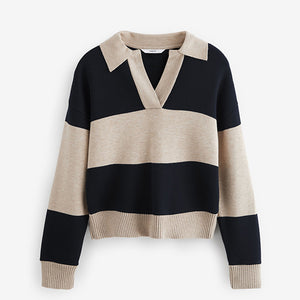 Neutral/Black Stripe Soft Touch Cosy Collared Button Down Polo Sweatshirt