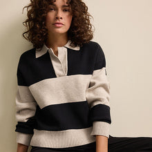 Load image into Gallery viewer, Neutral/Black Stripe Soft Touch Cosy Collared Button Down Polo Sweatshirt
