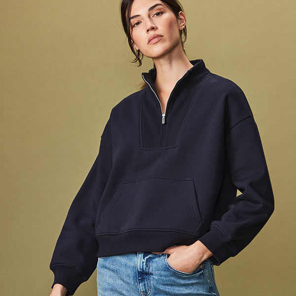 Navy Blue Graphic Mod Zip Neck Sweat Top
