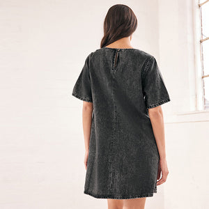 Washed Black 100% Cotton Short Sleeve Denim T-Shirt Dress