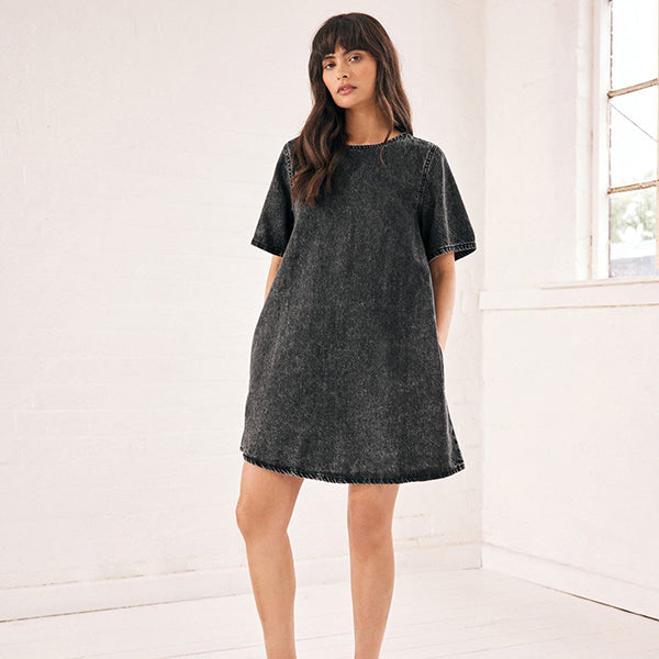 Washed Black 100% Cotton Short Sleeve Denim T-Shirt Dress