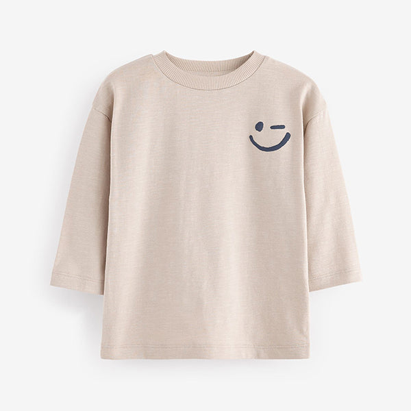 Ecru Cream Long Sleeves Semi Plain T-Shirt