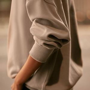 Neutral Oversized Relaxed Fit Heavyweight Brushed Longline Hoodie Sweatshirt
