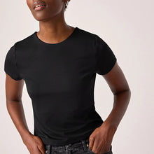 Load image into Gallery viewer, Black Soft Touch Slinky Polyamide Scoop Neck Short Sleeve Top

