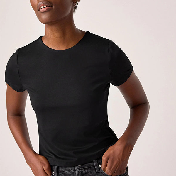 Black Soft Touch Slinky Polyamide Scoop Neck Short Sleeve Top