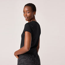 Load image into Gallery viewer, Black Soft Touch Slinky Polyamide Scoop Neck Short Sleeve Top

