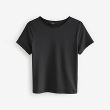 Load image into Gallery viewer, Black Soft Touch Slinky Polyamide Scoop Neck Short Sleeve Top
