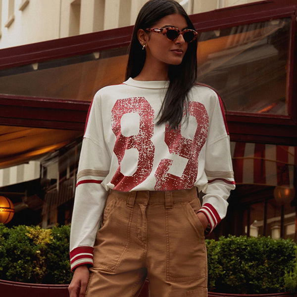 Red/Ecru 100% Cotton Seam Detail Long Sleeve Skater T-Shirt