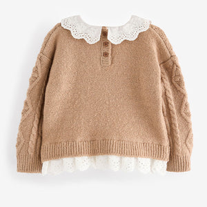 Tan Brown Collar Cable 100% Cotton Jumper (3mths-5yrs)