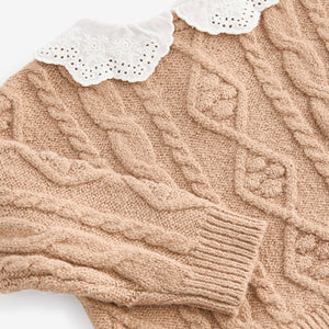 Tan Brown Collar Cable 100% Cotton Jumper (3mths-5yrs)
