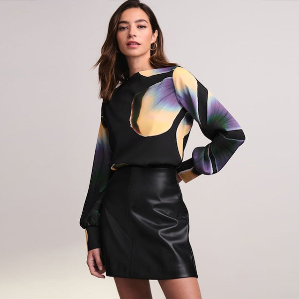 Black/Purple Floral Print Long Sleeve Gathered Sides Blouse