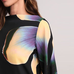 Black/Purple Floral Print Long Sleeve Gathered Sides Blouse