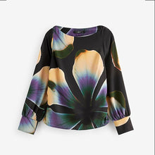 Load image into Gallery viewer, Black/Purple Floral Print Long Sleeve Gathered Sides Blouse
