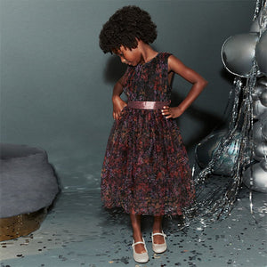 Floral Print Mesh Tie Back Party Dress (3-12yrs)