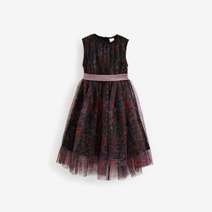 Floral Print Mesh Tie Back Party Dress (3-12yrs)