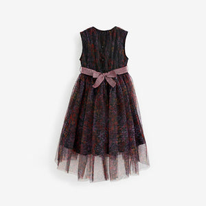 Floral Print Mesh Tie Back Party Dress (3-12yrs)