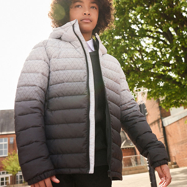 Grey/Black Quilted Midweight Hooded Jacket (3-12yrs)