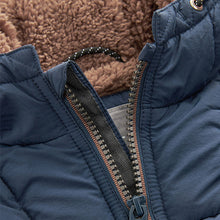 Load image into Gallery viewer, Navy Borg Fleece Lined Shower Resistant Hooded Padded Coat (3mths-6yrs)
